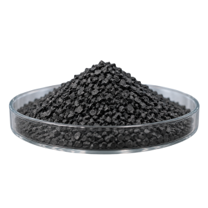 Schwarzes Magnetgranulat in einer transparenten Glasschale