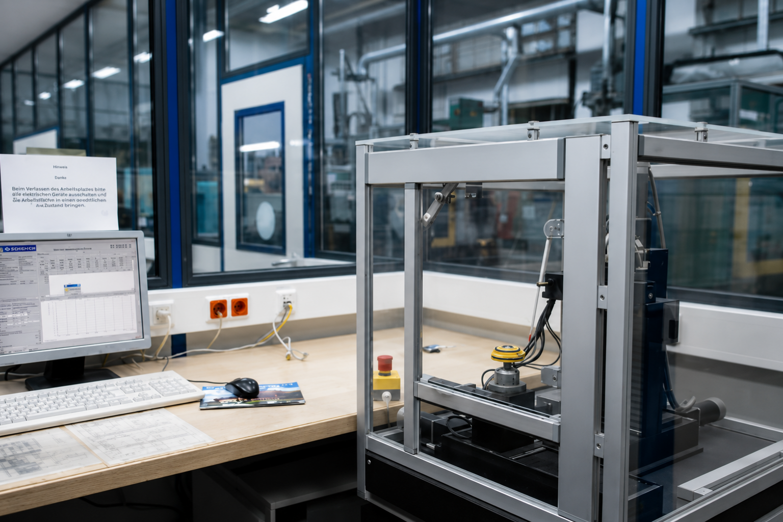 Prüfstand mit Messvorrichtung und Computerarbeitsplatz im Qualitätslabor