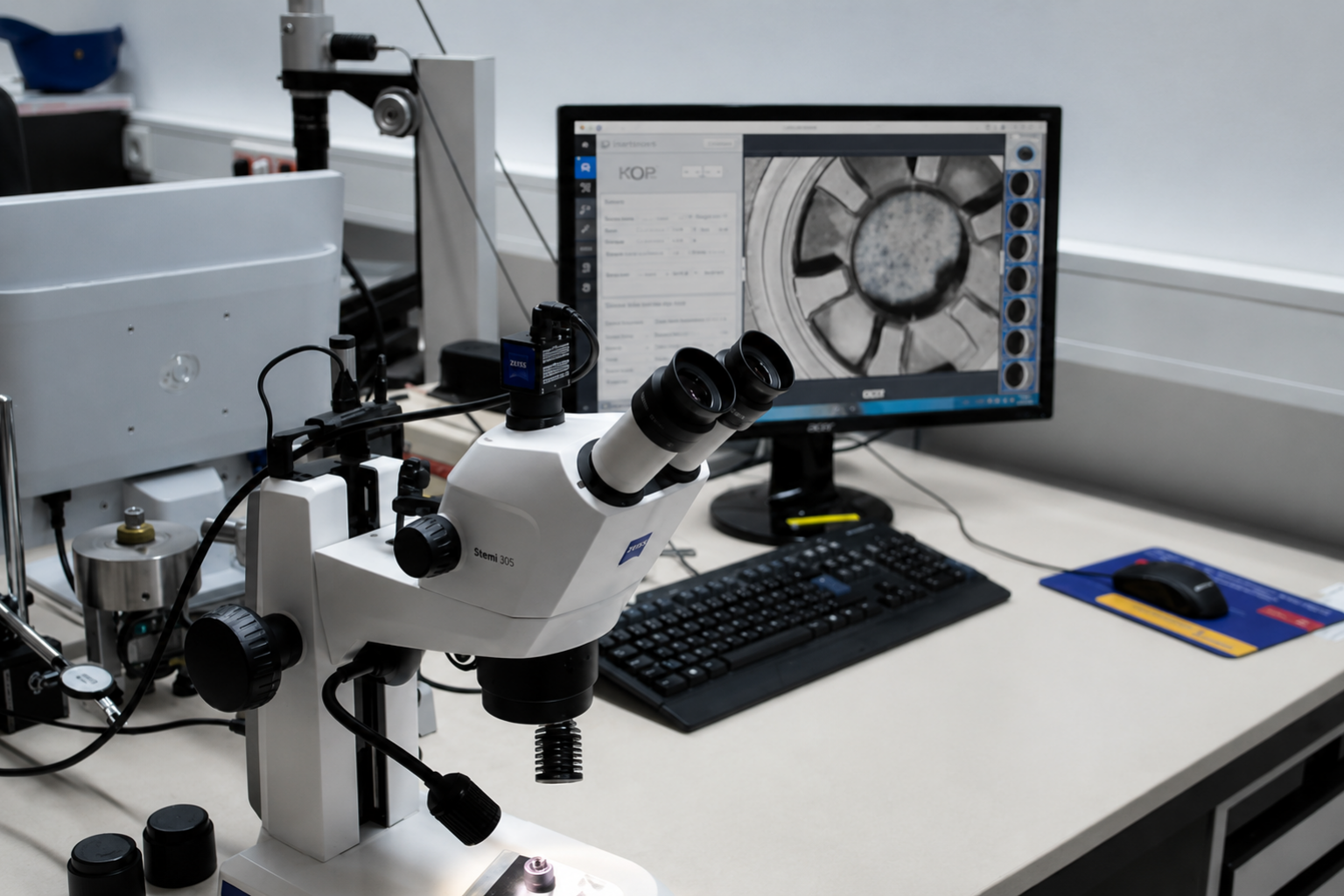 ZEISS Stereomikroskop mit angeschlossenem Computer zur optischen Prüfung und Qualitätskontrolle technischer Bauteile