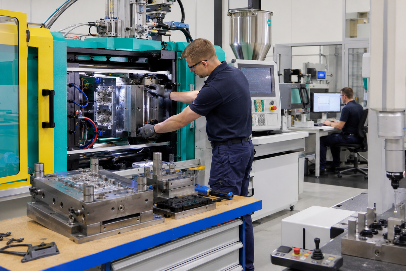 Mitarbeiter richtet ein Spritzgusswerkzeug an einer Spritzgussmaschine in der Produktion ein