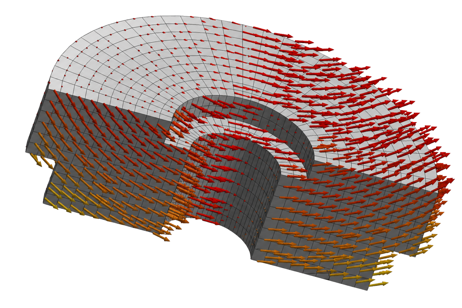 Computersimulation eines Bauteils mit farbigen Pfeilen zur Darstellung von Strömungsrichtungen