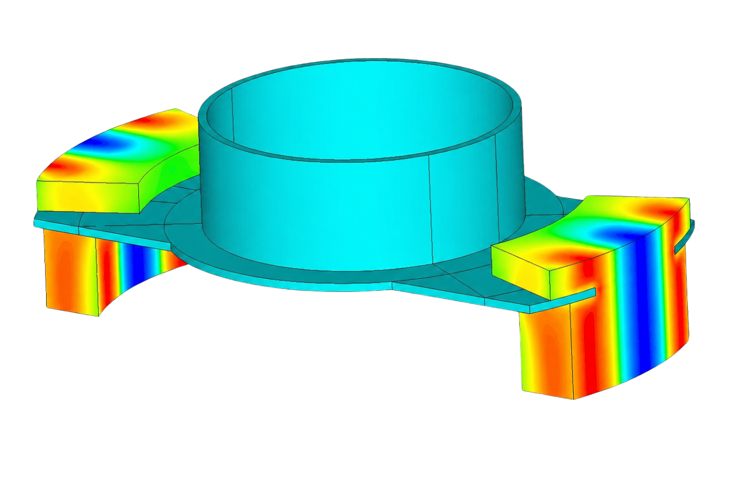 3D-Simulation eines Magnetbauteils mit farblich dargestellter Magnetfeldverteilung