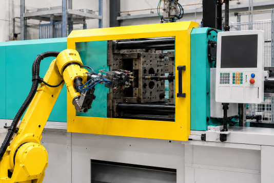 Industrielle Spritzgussmaschine mit Roboterarm zur automatisierten Kunststoffverarbeitung