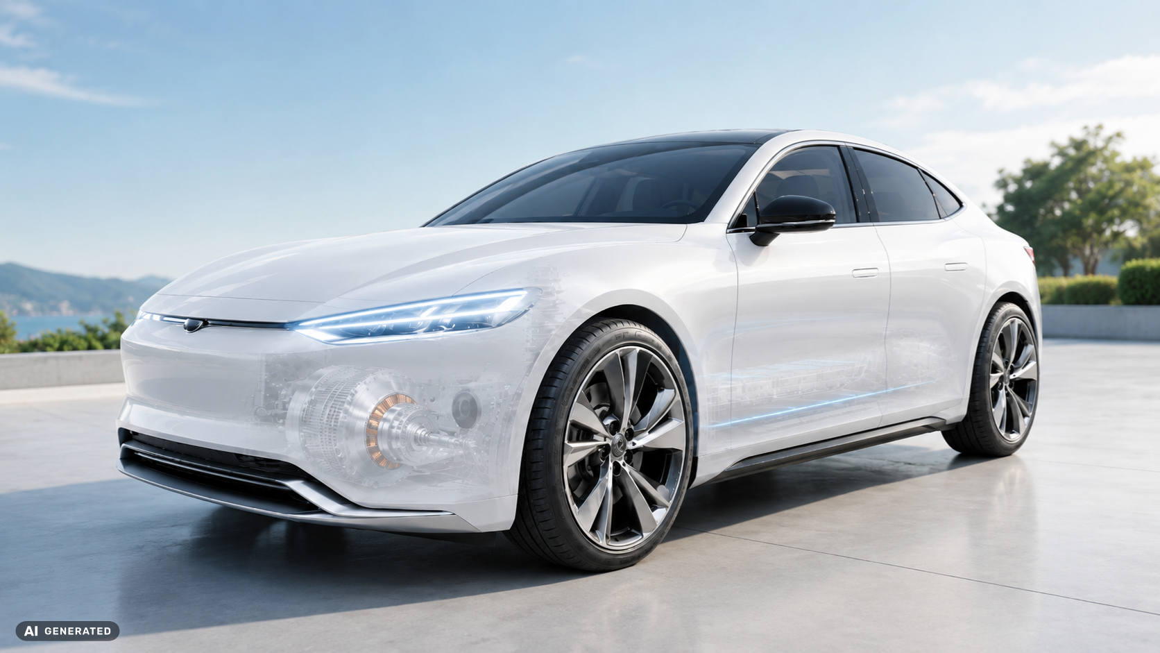 Weißes Elektroauto mit visualisiertem Elektroantrieb und Batteriesystem