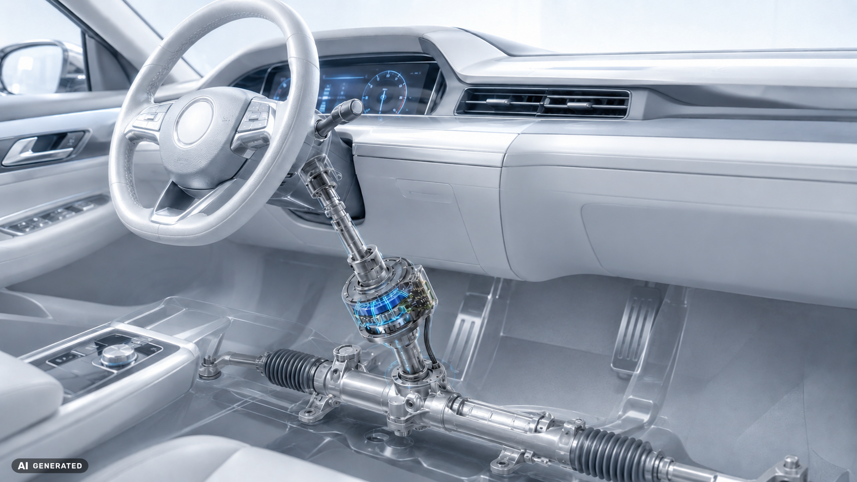 Fahrzeuginnenraum mit transparent dargestellter elektrischer Servolenkung und integriertem Elektromotor