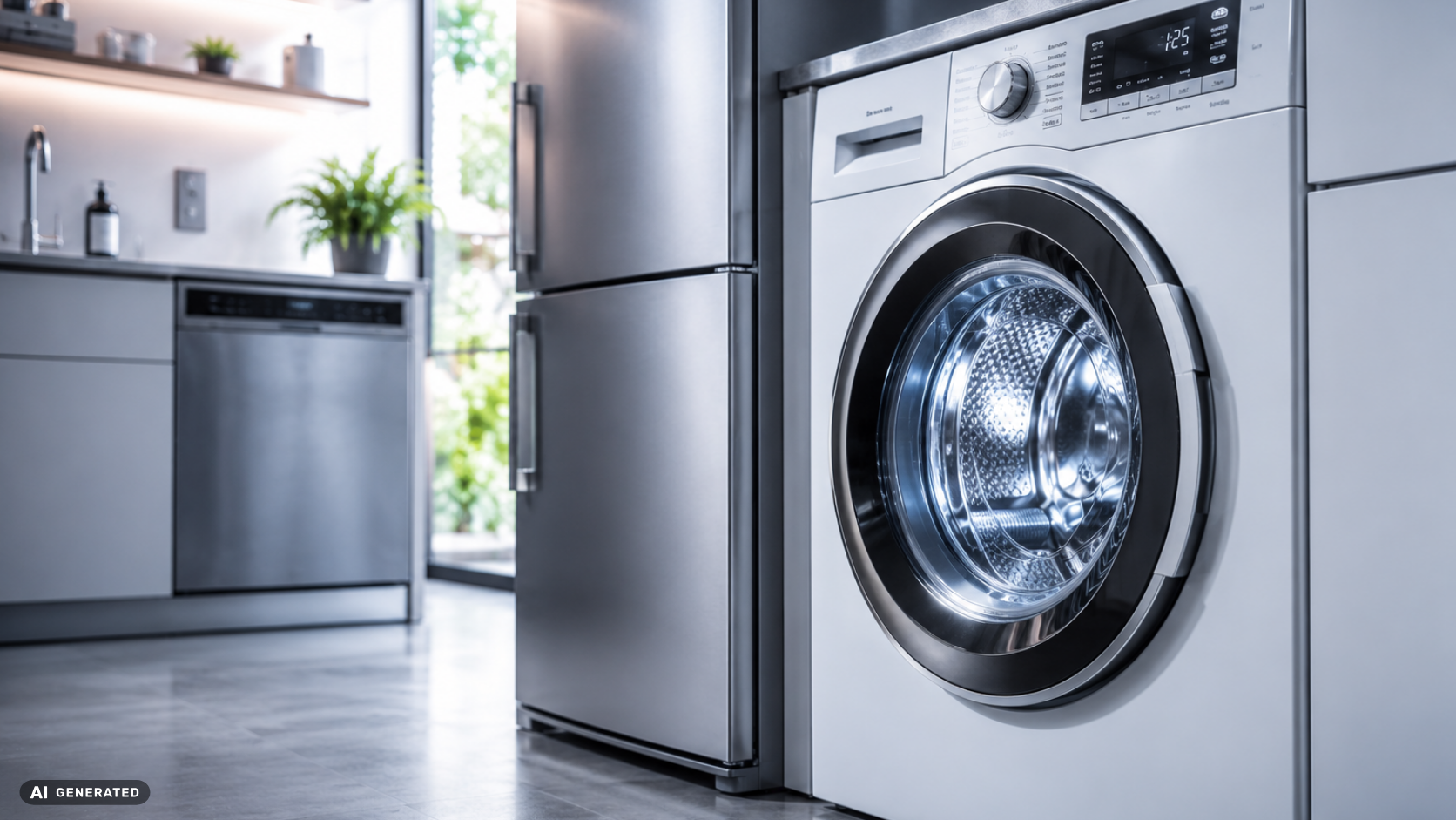 Moderne Haushaltsgeräte mit Waschmaschine, Kühlschrank und Geschirrspüler in einer Küche