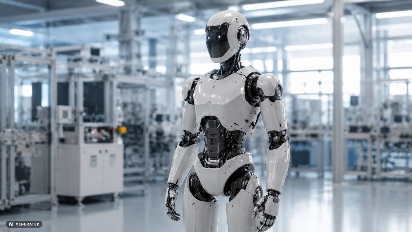 Humanoider Roboter in einer modernen automatisierten Produktionshalle
