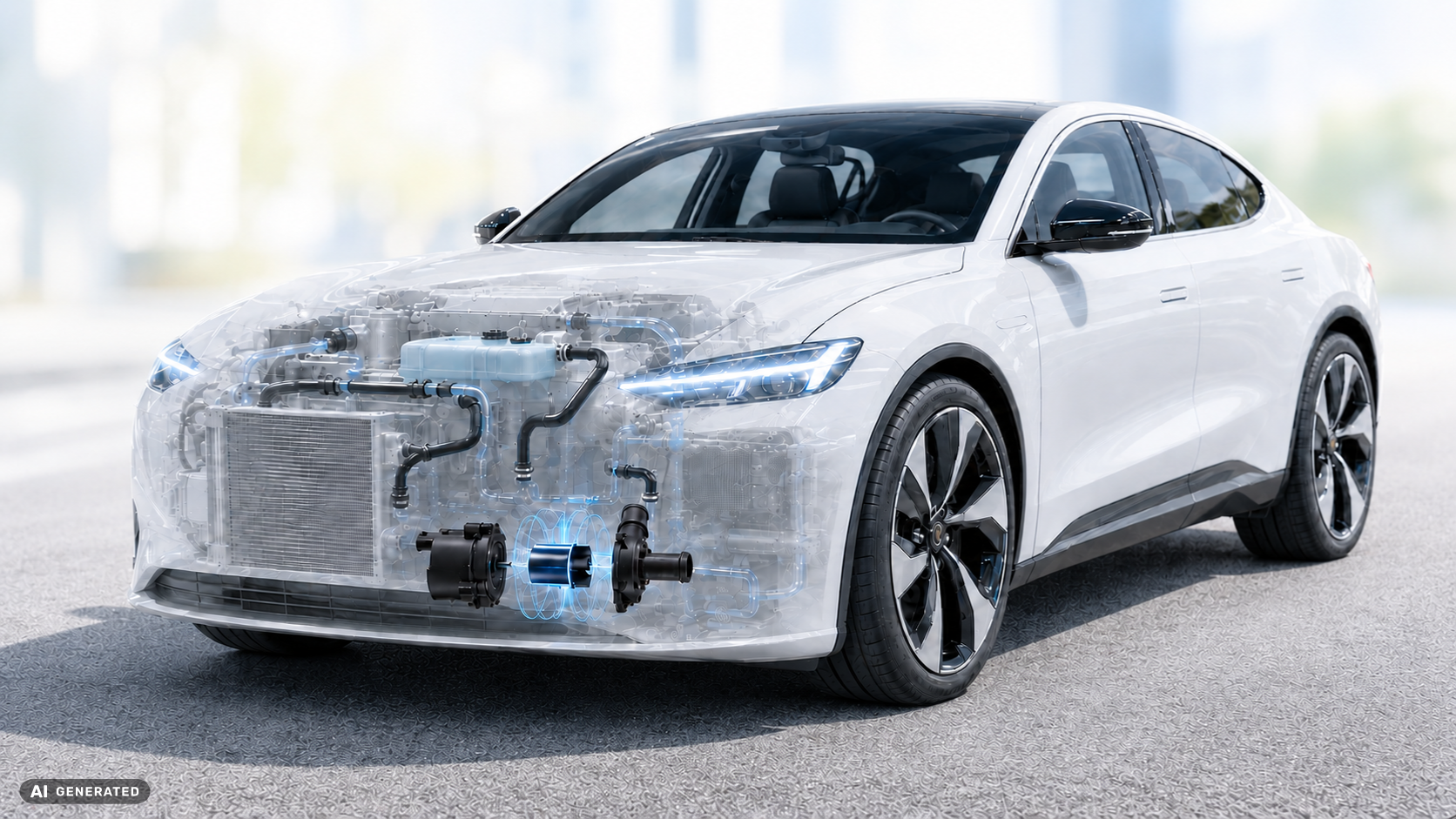 Elektroauto mit transparent dargestelltem Antriebssystem und Komponenten der Kühlmittelpumpe