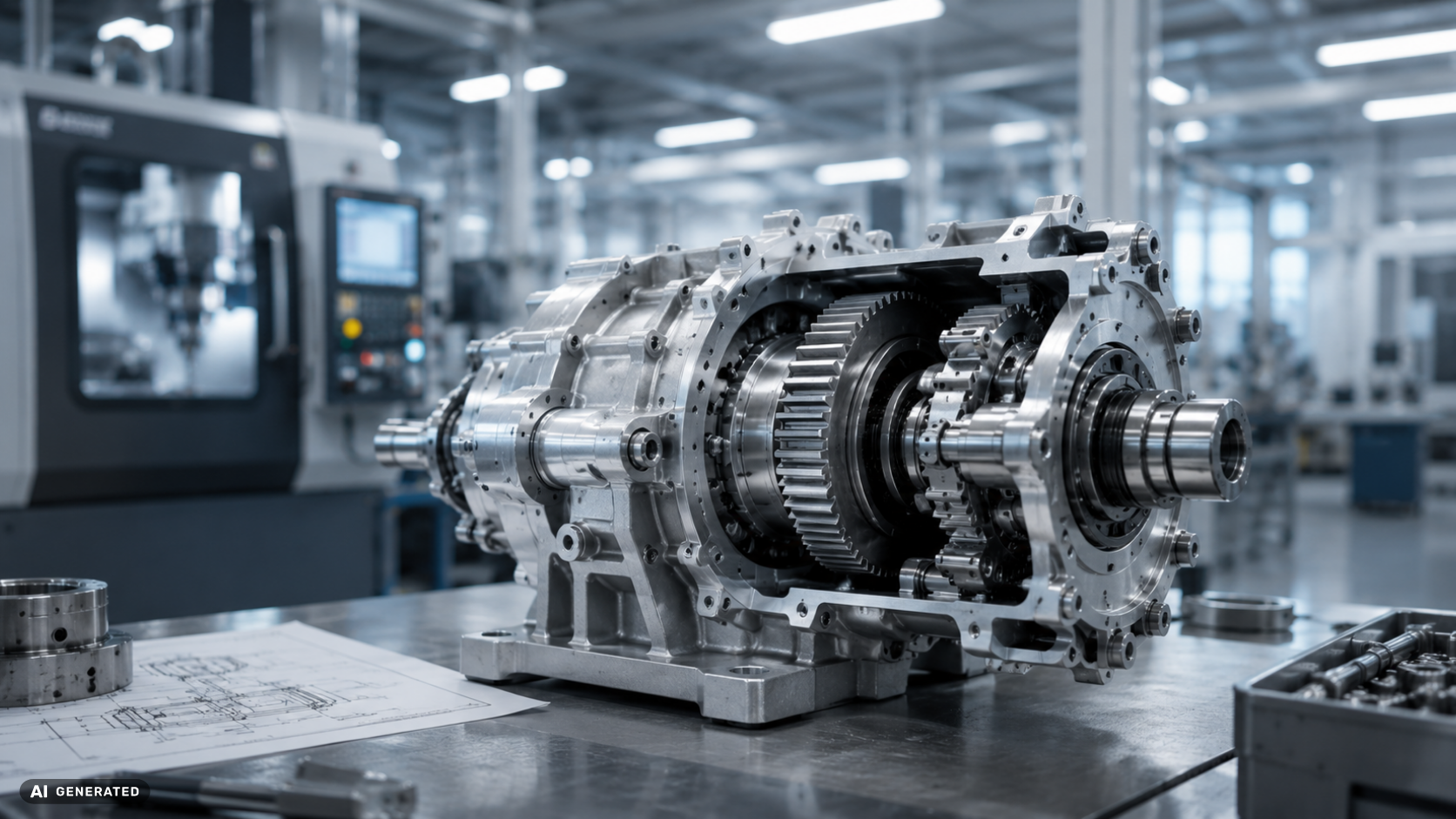 Offenes Industriegetriebe mit sichtbaren Zahnrädern in einer modernen