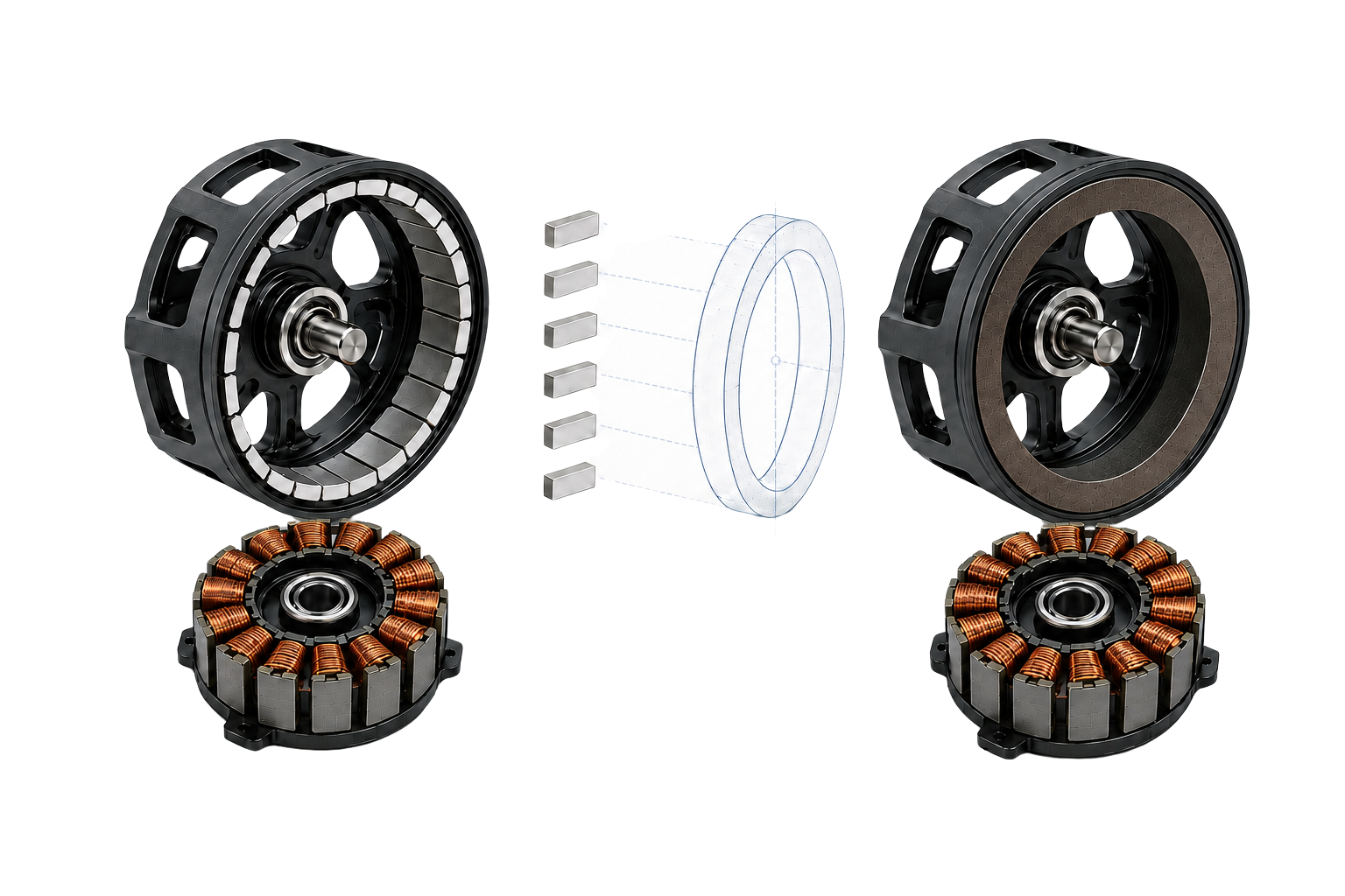 Aufbau eines Elektromotors mit Rotor, Permanentmagneten und kupfergewickeltem Stator