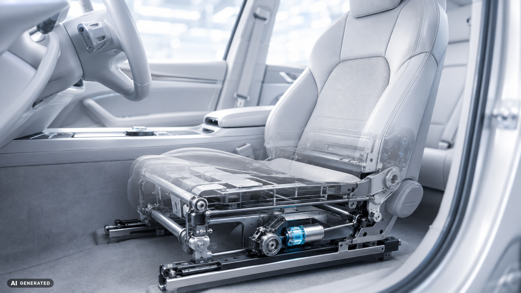 Autositz mit transparent dargestellter Sitzstruktur und elektrischem Verstellmechanismus
