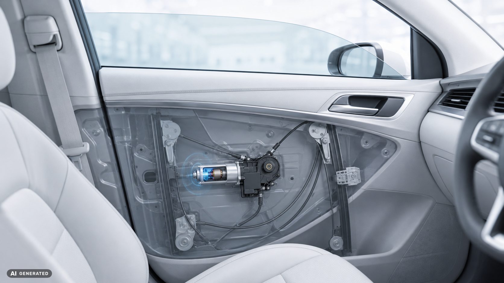 Autotür mit transparent dargestelltem elektrischem Fensterheber und integriertem Antriebsmotor